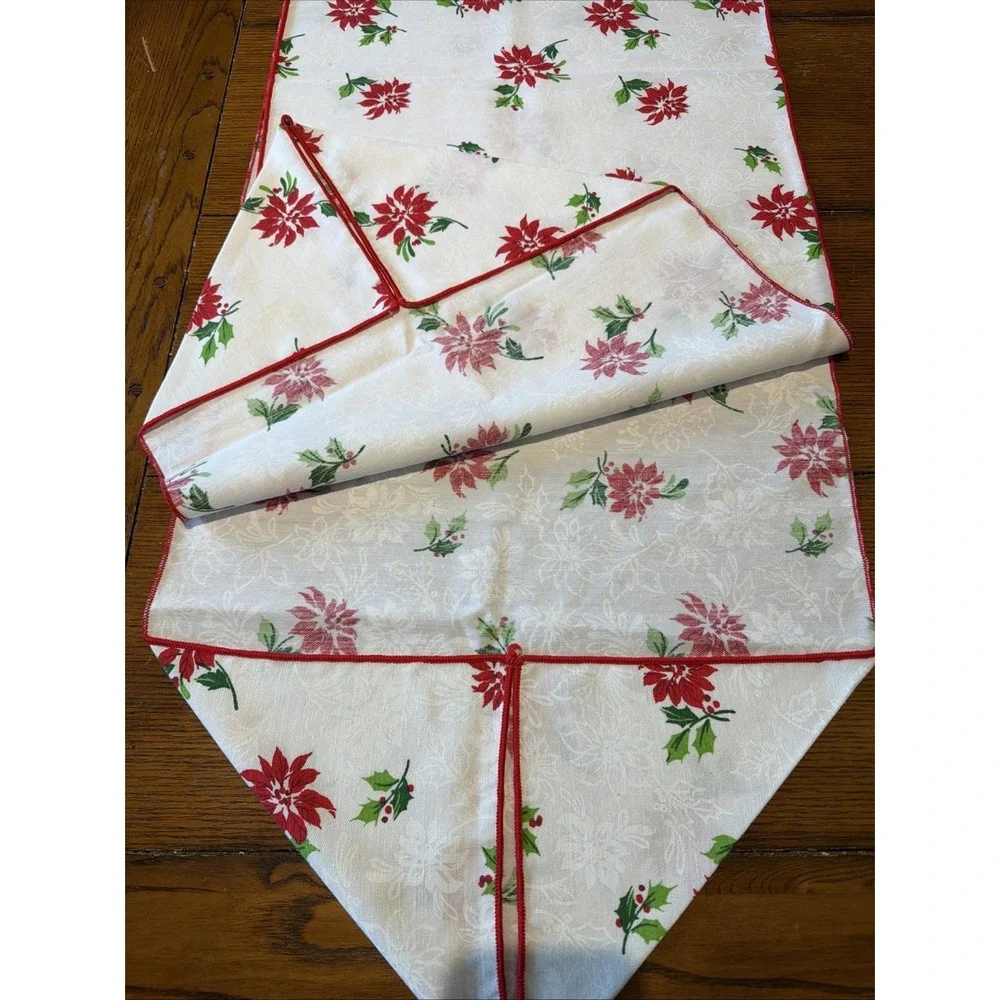 Vtg Christmas Poinsettia Table Runner Red Green On White 70